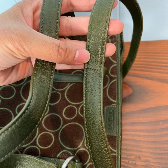 TUMI Wool Leather Trim Tote Shoulder Bag and Wallet Brown Green 13"x9.5" Circles - Picture 7 of 16
